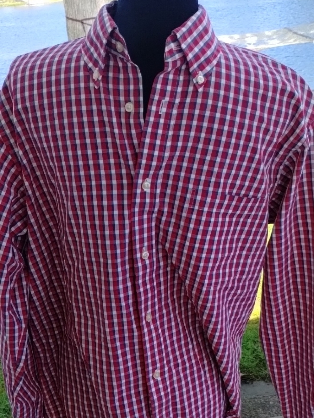 Lands' End Men's Red and White Checked Button-Down Shirt
